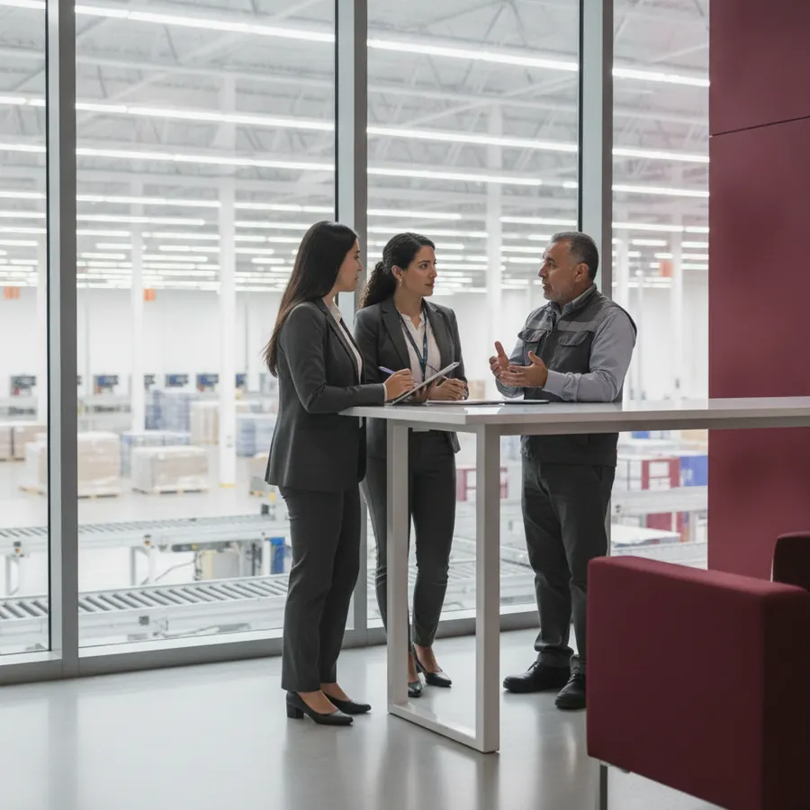 Consultores escuchando al gerente de operaciones explicar su proceso
